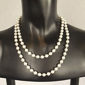 Vintage faux pearl necklace with brass and chrome beads in between 20-in long